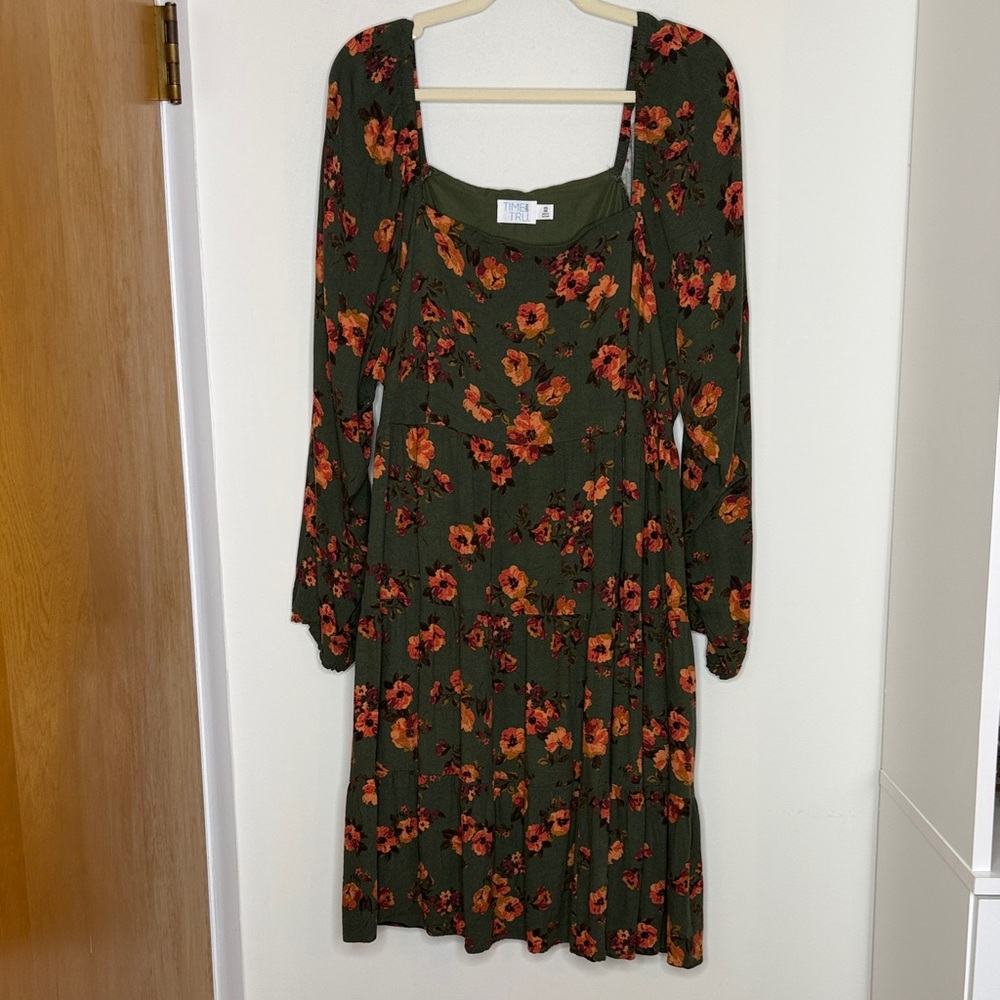 Time and Tru Green Floral Square Neck Midi Dress With Pockets Size XXL - Picture 2 of 16